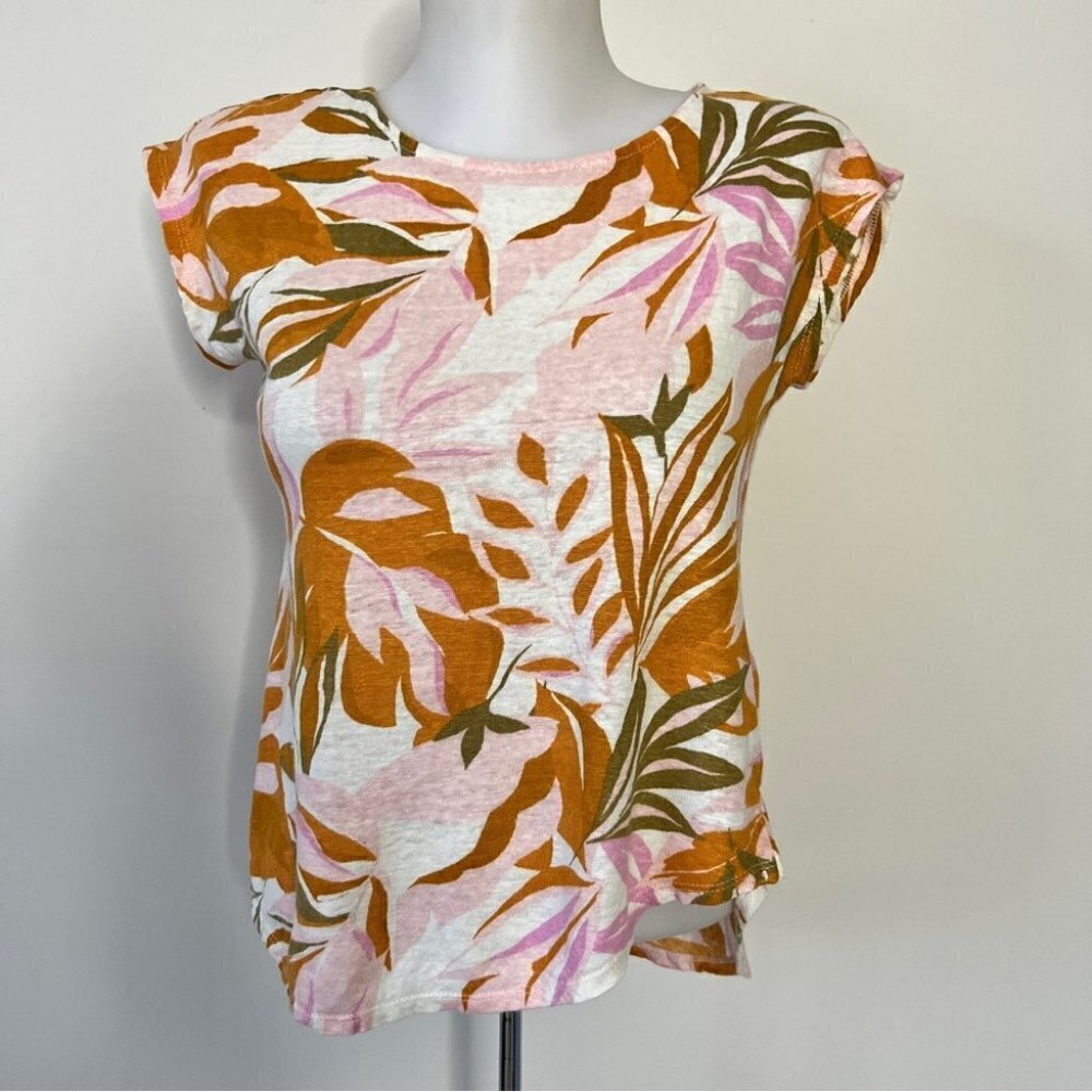 C&C California Blouse Floral 100% Linen Blouse Short Sleeve Asymmetrical Sz S